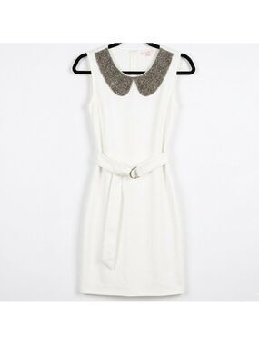 *White Beaded Peter Pan Collar Mini Dress Belted Sheath Sleeveless Small
